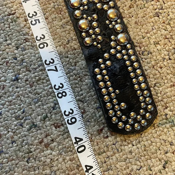VTG Y2K Black Faux Leather Grunge Goth SilverTone Studded Western RoundBuckle - Picture 5 of 10